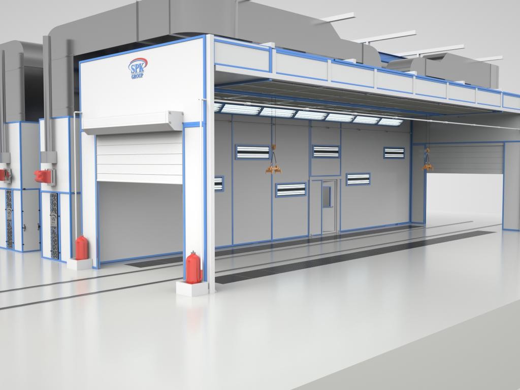 Оборудование для окраски труб Комплекс SPK дробеструйной и окрасочно-сушильной камер c транспортной подвесной системой для труб